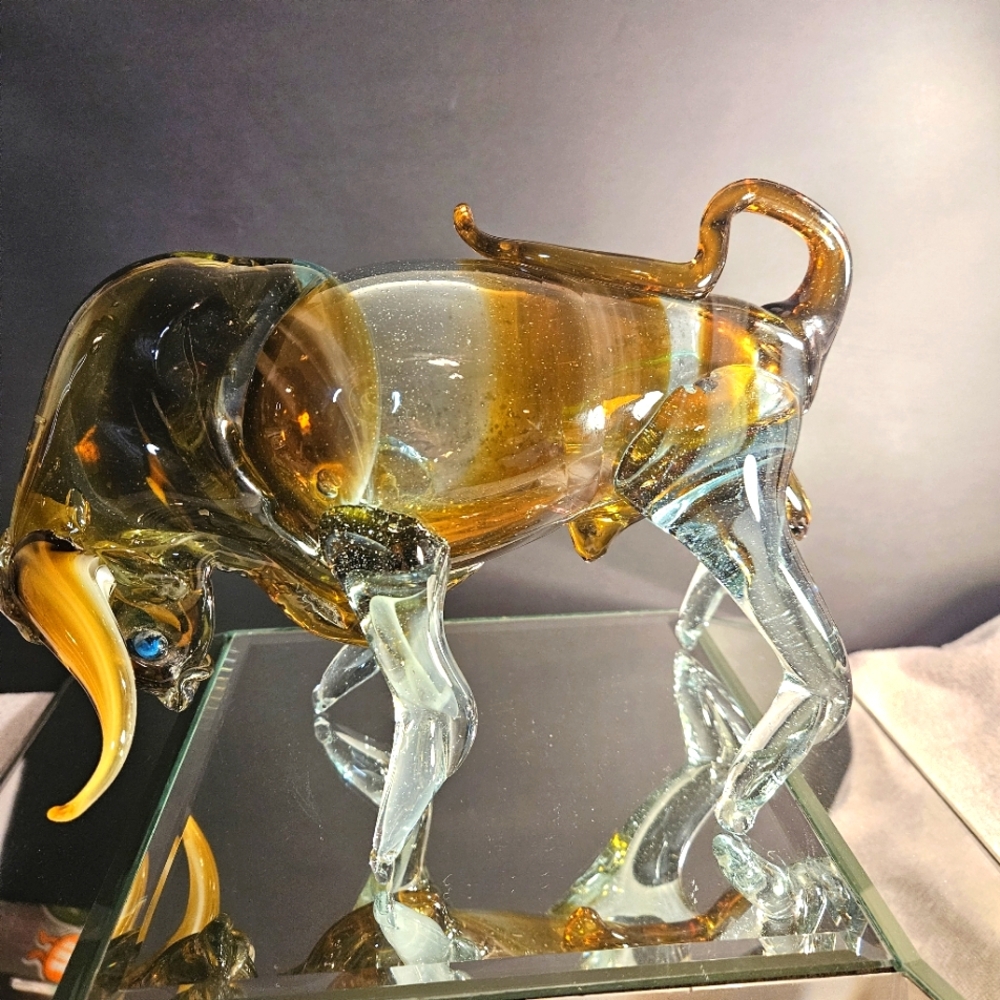 Large Murano Hand Blown Glass Bull Sculpture Amber And Clear Blue Eyes